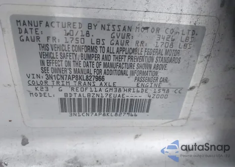 2019 Nissan Versa 1.6 Sv z USA, uszkodzony, nr VIN 3N1CN7AP8KL827966